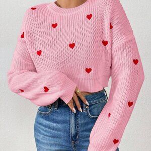 Pink Heart Cropped Sweater XL – Chunky Knit Valentine / Coquette Soft Girl